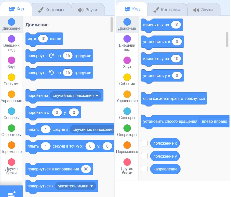 Блок движения в Scratch