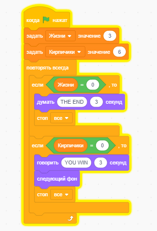 Скрипт на Scratch, который следит за переменными и останавливает игру