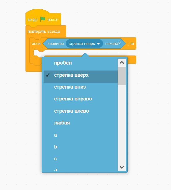 Выбор условия в блоке Scratch